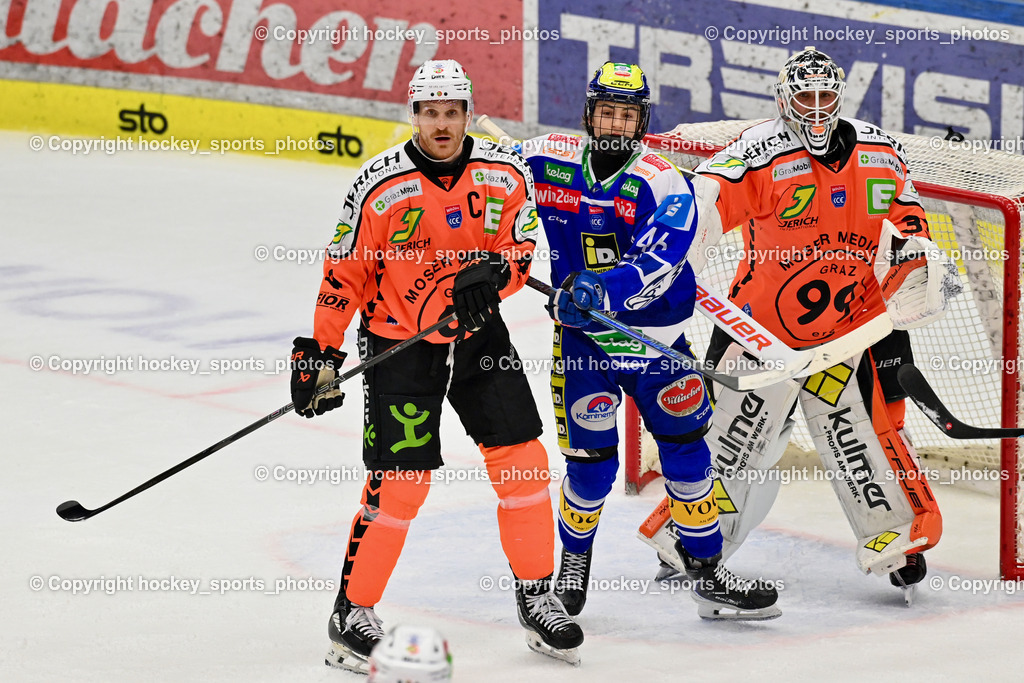 EC IDM WÄRMEPUMPEN VSV vs. MOSER MEDICAL GRAZ99ERS | #4 Korbinian Holzer Graz 99ers, #46 Paul Sintschnig EC VSV, #33 Maxime Lagacé Graz 99ers, EC IDM WÄRMEPUMPEN VSV vs. MOSER MEDICAL GRAZ99ERS, EC IDM WÄRMEPUMPEN VSV vs. MOSER MEDICAL GRAZ99ERS am 17.03.2026 in Villach (Stadthalle Villach), Austria, (Photo by Bernd Stefan)