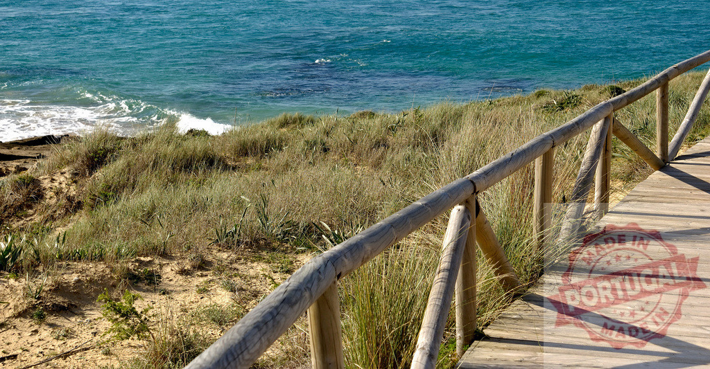 Wooden boardwalk leading to ocean waves on sunny coast. Espana - Cadiz | Wooden boardwalk passing through coastal sand dunes and dry grass towards the blue ocean - Realized with Pictrs.com