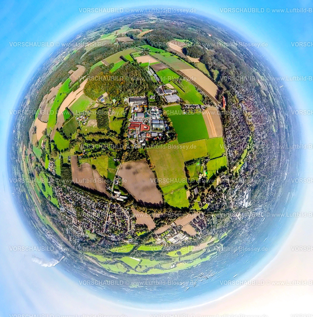 Luenen241190590GewerbegebietRoemerweg | Luftbild, Gewerbegebiet Römerweg, umgeben von grünen Wiesen und Feldern, Erdkugel, Fisheye Aufnahme, Fischaugen Aufnahme, 360 Grad Aufnahme, tiny world, little planet, fisheye Bild, Nordlünen, Lünen, Ruhrgebiet, Nordrhein-Westfalen, Deutschland