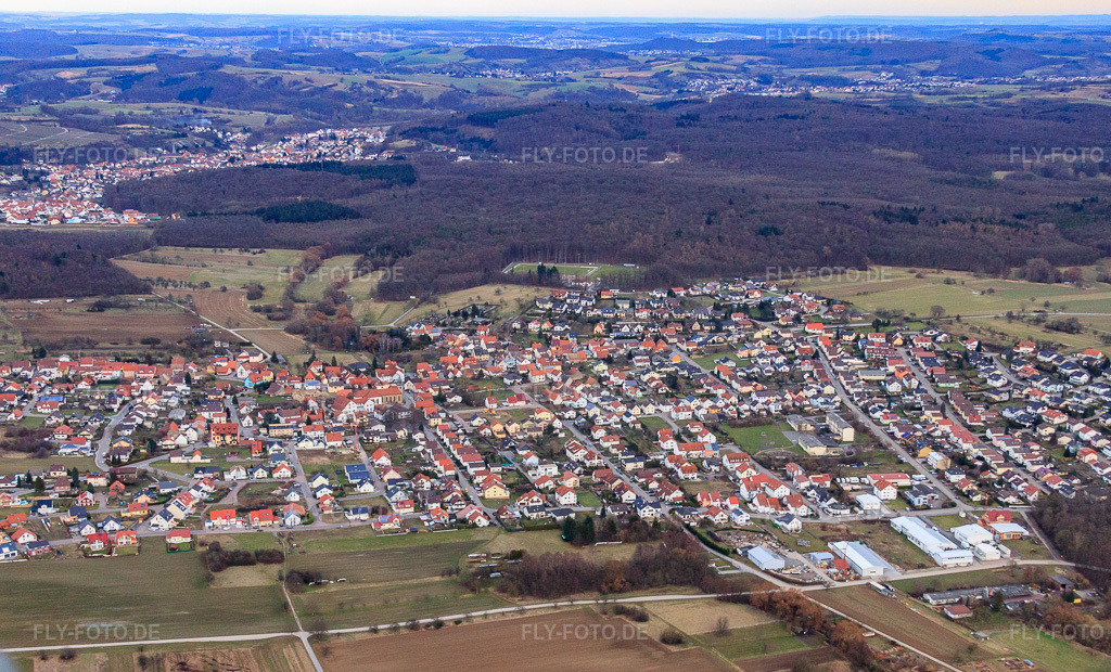 Luftbild: Ortsansicht von Westen im Ortsteil Rettigheim in Mühlhausen im Bundesland Baden-Württemberg in Deutschland. – Foto: IMG_24736.jpg vom 27.02.2010 durch Werner Riehm/FLY-FOTO.de – Auflösung des Originals: 4618 x 2794 px