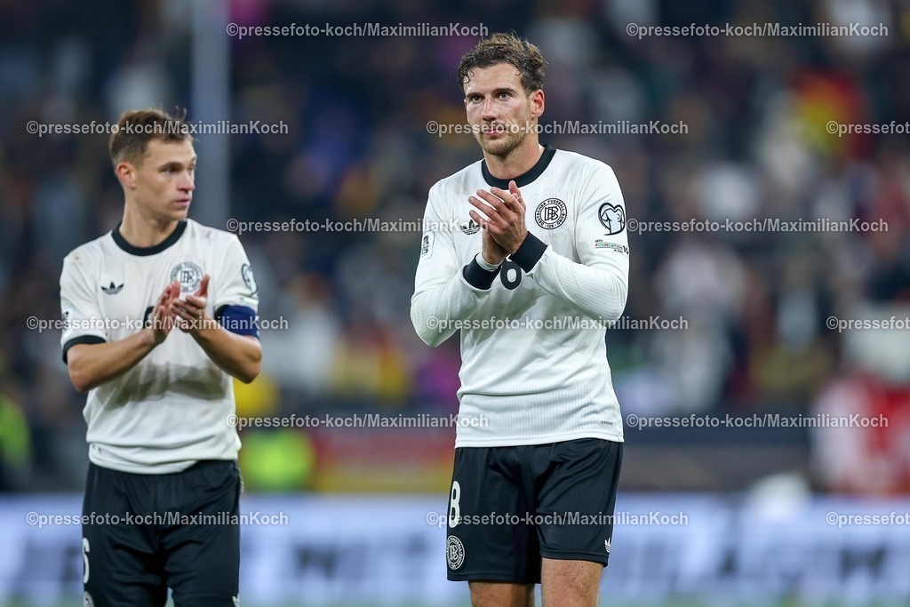 DFB10102501148 | 10.10.2025, Fußball, Länderspiel, Deutschland - Luxemburg, UEFA WM-Qualifikation, 2025/2026, Gruppe A, PreZero Arena in Sinsheim: glückliche Gesichter nach dem 4:0 Sieg der deutshen Mannschaft gegen Luxemburg. Joshua Kimmich (GER #06) neben Leon Goretzka (GER #08) DFB regulations prohibit any use of photographs as image sequences and or quasi-video.