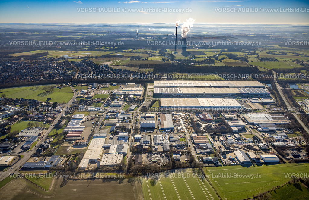 Werne230203074 | Luftbild, Imperial Industrial Logistics, Gewerbegebiet Wahrbrink, im Hintergrund das Kraftwerk Bergkamen mit Dampfwolke, Lenklar, Werne, Ruhrgebiet, Nordrhein-Westfalen, Deutschland