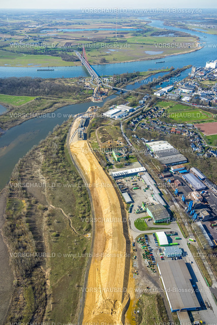 Wesel240310605 | Luftbild, Lippemündungsraum NSG Naturschutzgebiet Lippemündung, Baustelle und Neubau Brücke Schillstraße B58 an der Niderrheinbrücke Wesel und Büdericher Insel, Wesel, Nordrhein-Westfalen, Deutschland
