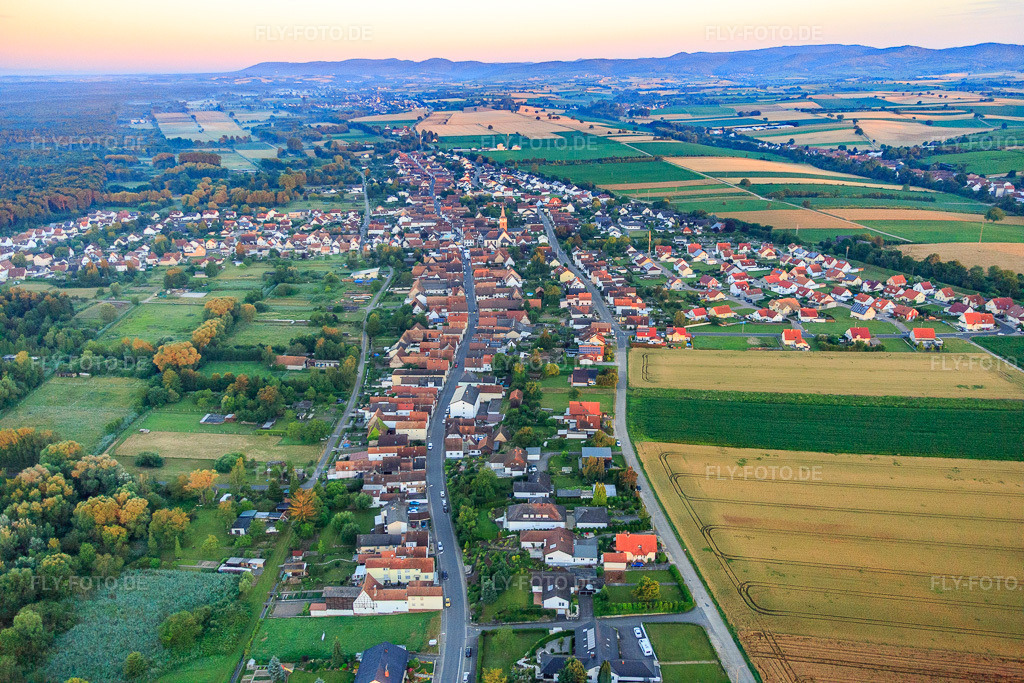 Luftbild: Speyerer Straße aus Osten am Morgen im Ortsteil Schaidt in Wörth im Bundesland Rheinland-Pfalz in Deutschland. Foto: IMG_091497.jpg vom 10.07.2016 durch Werner Riehm/FLY-FOTO.de