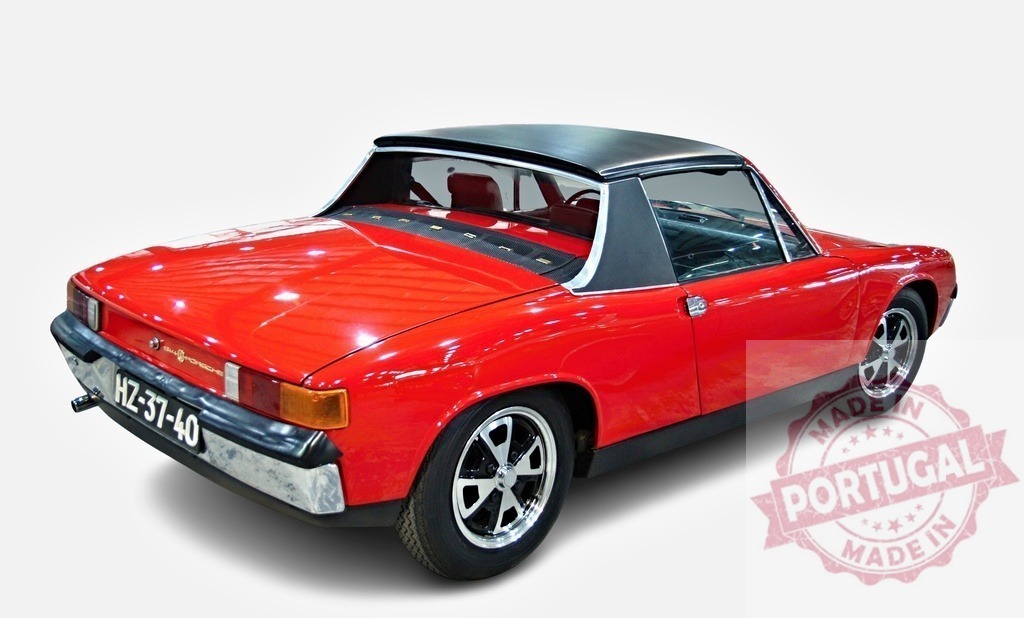 Red Porsche 914 Targa top sports car parked in white studio | Rear view of a classic red Porsche 914 with targa top parked in a bright white studio - Realized with Pictrs.com