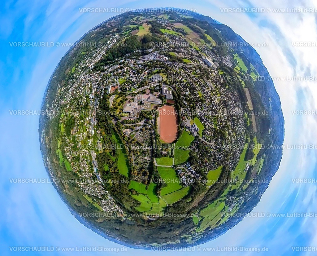 Sundern230990226Schulberg | Luftbild, Schulberg mit Sportplatz Hoher Weg, Schulzentrum Sundern, Erdkugel, Fisheye Aufnahme, Fischaugen Aufnahme, 360 Grad Aufnahme, tiny world, Sundern, Sundern, Sauerland, Nordrhein-Westfalen, Deutschland