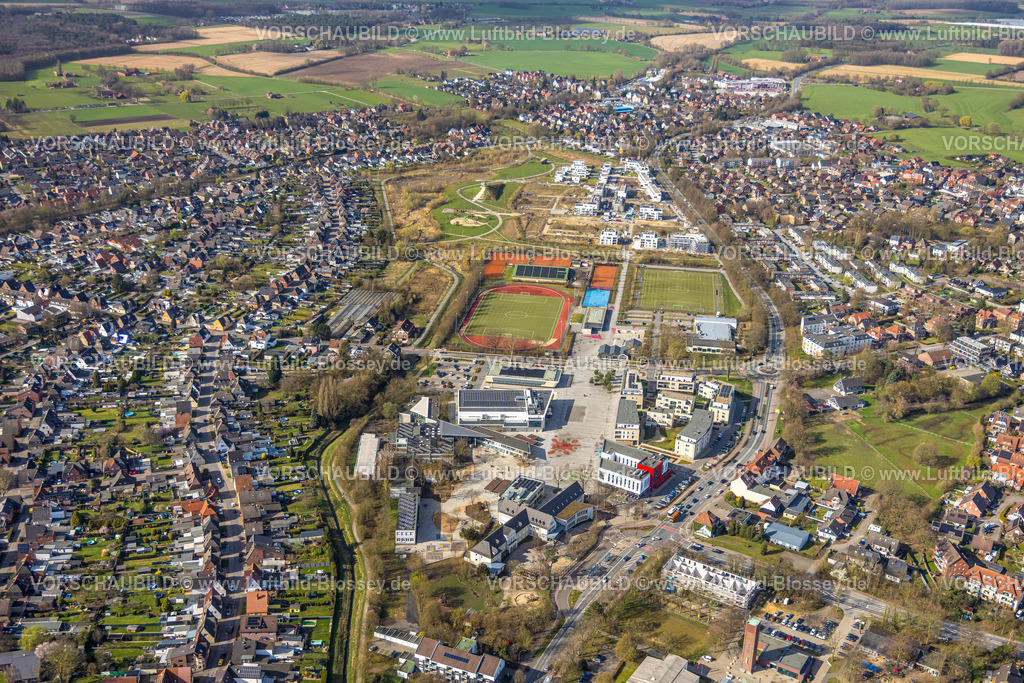 Selm260307105 | Luftbild, Campusplatz Süd und Campusplatz Nord, Sportzentrum mit Sparkassen Arena SG Selm und Tennisplätzen TC Selm 76 e.V.,, Wohnen am Auenpark Baugelände mit Neubau Wohnhäuser, Beifang, Selm, Münsterland, Nordrhein-Westfalen, Deutschland