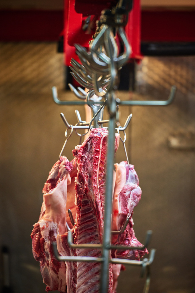 Fleischerei Dormayer | Langenzersdorf, Austria - February 12, 2019: Fleischerei Dormayer; Fleischhaken mit Fleisch. - Realisiert mit Pictrs.com