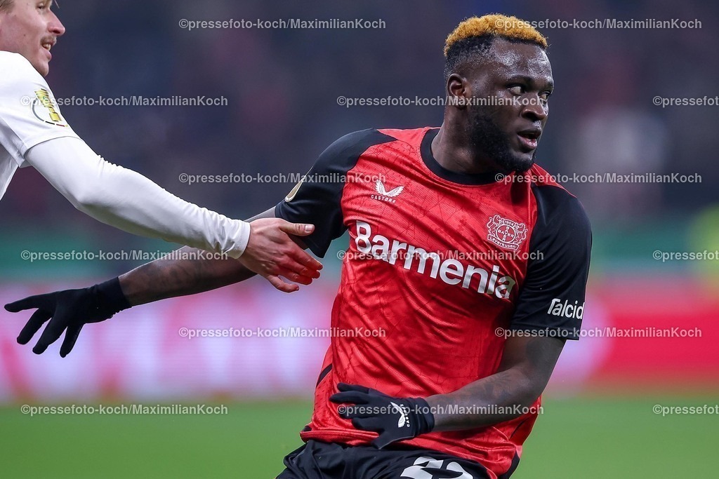 DFB05022502337 | 05.02.2025, Fußball, DFB-Pokal Viertelfinale, Bayer 04 Leverkusen - 1.FC Köln, BayArena, Saison 2024 2025: Victor Boniface (Bayer04 Leverkusen #22)DFB regulations prohibit any use of photographs as image sequences and or quasi-video.