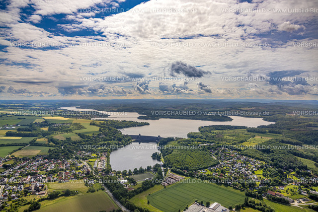 Moehnesee220600771 | Luftbild, Wolken über dem Möhnesee mit Staumauer, Günne, Möhnesee, Sauerland, Nordrhein-Westfalen, Deutschland