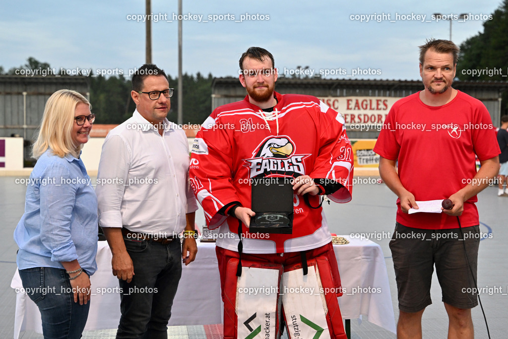 HSC Eagles Poggersdorf vs. VAS Ballhockey  | Vizebürgermeisterin Poggersdorf Katrin Hajek, #31 Sicher Michael HSC Eagles Poggersdorf, Bürgermeister Poggersdorf Arnold Marbek, Schriftführer ÖBHV Stanossek Gerald, HSC Eagles Poggersdorf vs. VAS Ballhockey , HSC Eagles Poggersdorf vs. VAS Ballhockey Villach am 20.07.2025 in Poggersdorf (Sportzentrum Poggersdorf), Austria, (Photo by Bernd Stefan)