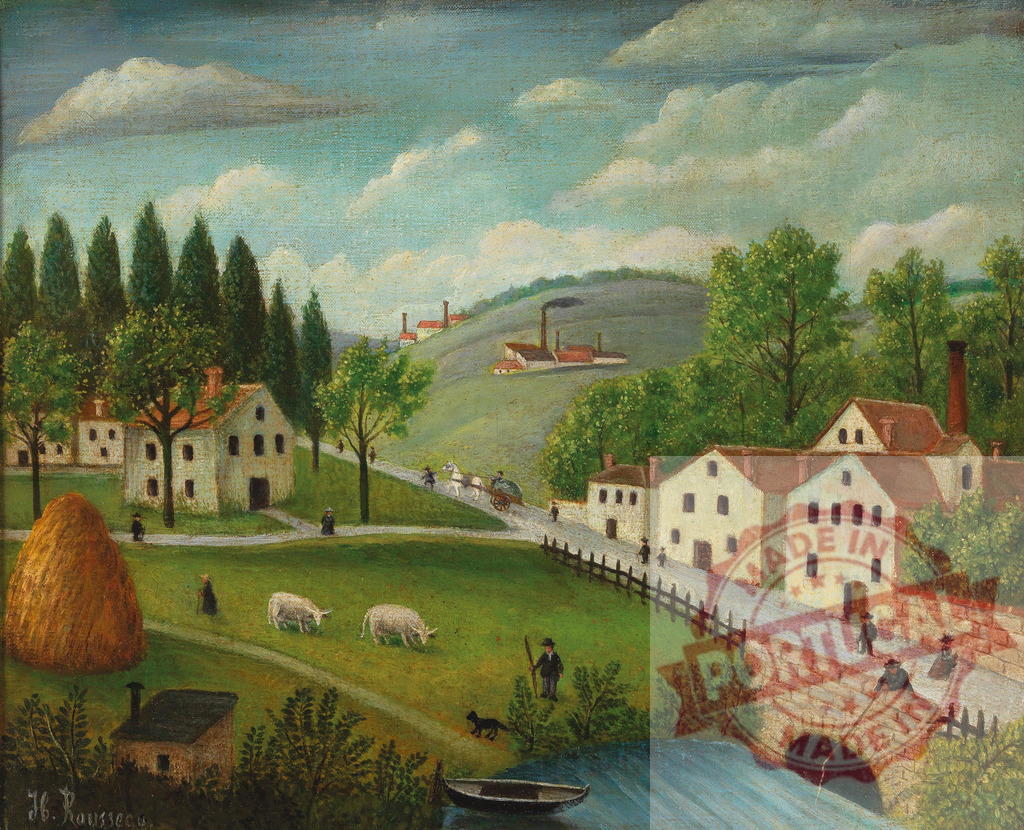 Henri Rousseau painting depicting a rural village scene. Henri Rousseau | Naive art landscape with buildings, people, animals, and river in a countryside setting - Realized with Pictrs.com
