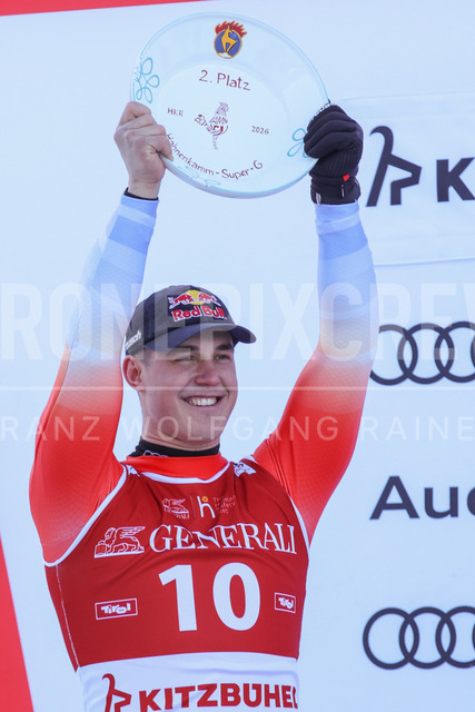 Audi FIS Ski World Cup: Men’s Slalom – Hahnenkamm Race, Kitzbuehel | Kitzbuehel, Austria, 25.Jan.26 - Alpine Skiing - FIS World Cup, Hahnenkamm Race, Slalom, men. The image shows VON ALLMEN Franjo (SUI, Head) second place with trophy.