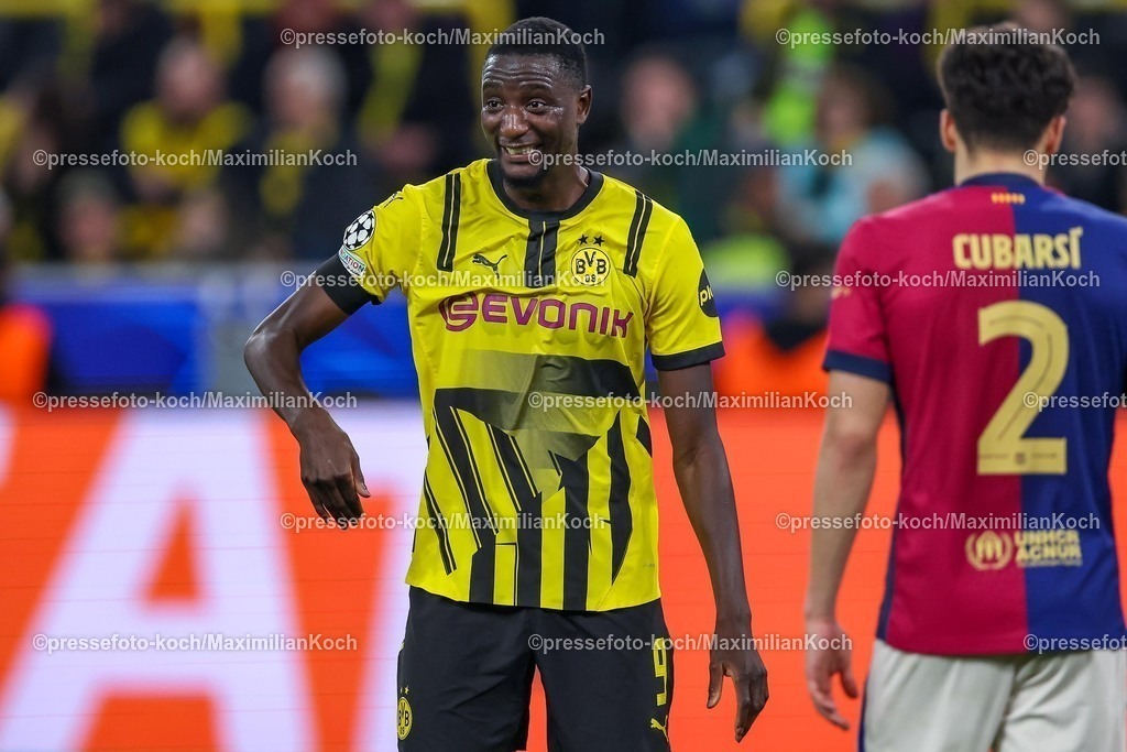 UCL1504251151 | 15.04.2025, Fußball, UEFA Champions League, Borussia Dortmund - FC Barcelona, BVB Stadion, Viertelfinale, Saison 2024 2025: Serhou Guirassy (BVB #9) gestikulierendRegulations prohibit any use of photographs as image sequences and or quasi-video.