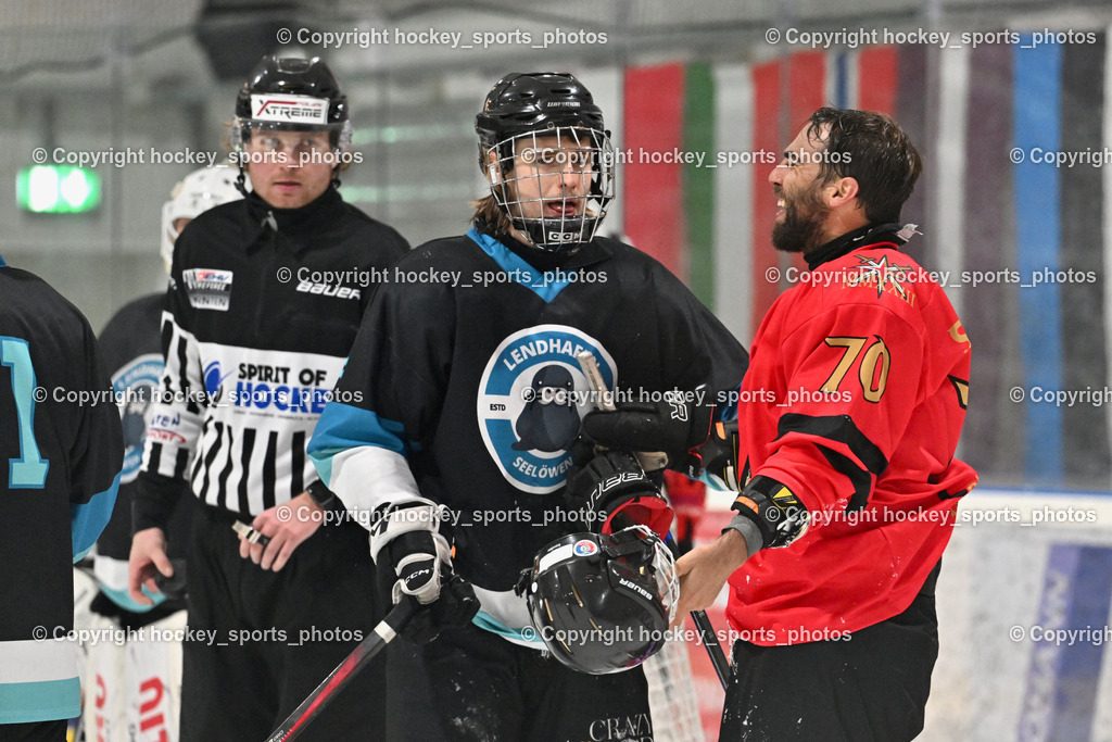Lendhafen Seelöwen vs. Spartans Althofen | #4 Kompain Mark Lendhafen Seelöwen, #70 Schumnig Martin Spartans Althofen, Pirsch Christoph Referee, Lendhafen Seelöwen vs. Spartans Althofen, Lendhafen Seelöwen vs. Spartans Althofen am 14.02.2025 in Ferlach (HTC Eishalle Ferlach), Austria, (Photo by Bernd Stefan)