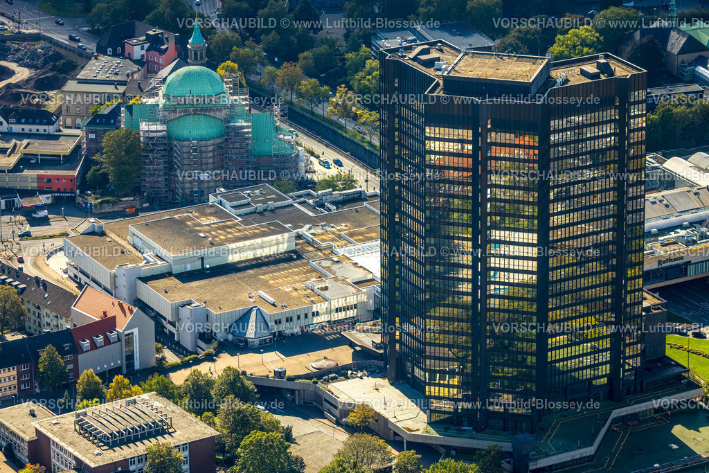 Essen241000995 | Luftbild, Andachtsstätte Alte Synagoge, Kulturzentrum zur jüdischen Geschichte, Gebäude mit Dachsanierung und Fassadensanierung, Edmund-Körner-Platz, Rathaus Hochhaus und Rathausgalerie, Stadtkern, Essen, Ruhrgebiet, Nordrhein-Westfalen, Deutschland