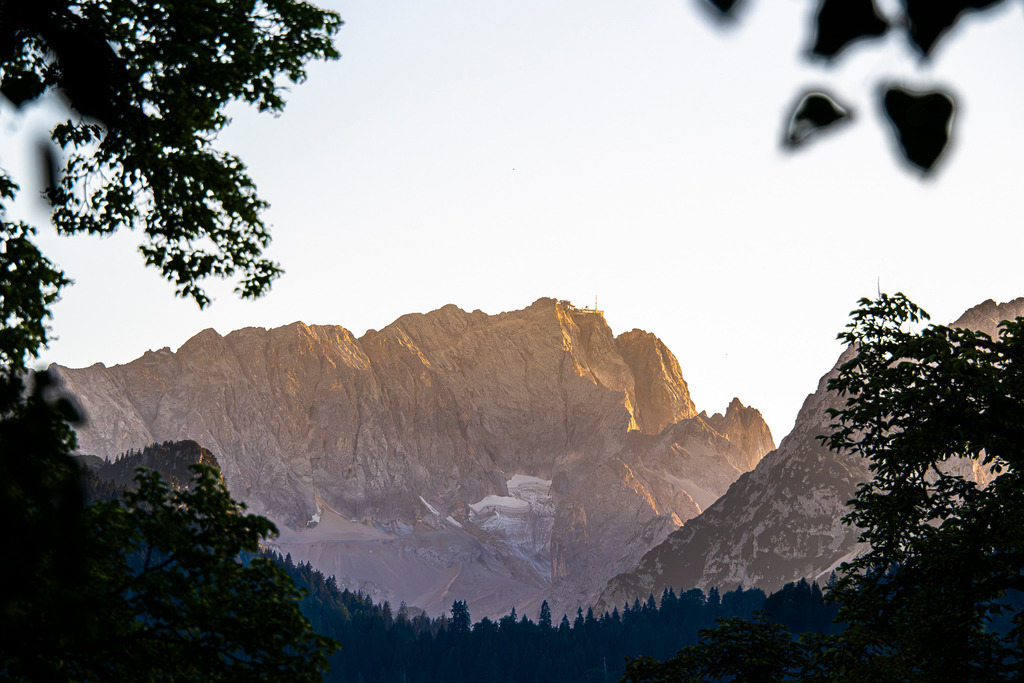 Goldener Blick auf die Zugspitze: Alpenglühen im natürlichen Rahmen | Ein erhabener Moment im Wettersteingebirge bei Garmisch-Partenkirchen: Wie durch ein natürliches Fenster aus schattigem Blätterwerk fällt der Blick auf die gewaltige Felswand der Zugspitze. Das warme Licht der tiefstehenden Sonne taucht die schroffen Gipfel und den darunterliegenden Höllentalferner in einen goldenen Schein. Die Bergstation auf Deutschlands höchstem Punkt hebt sich strahlend ab. Eine stimmungsvolle Aufnahme, die die wilde Eleganz, Ruhe und zeitlose Magie der oberbayerischen Alpen spürbar einfängt. - Realisiert mit Pictrs.com