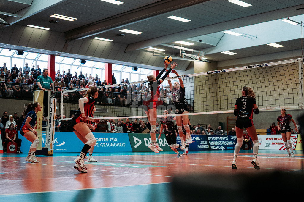 Volleyball | Frauen | Saison 2025/2026 | Volleyball Bundesliga | ETV Hamburger Volksbank Volleys vs. Schwarz-Weiß Erfurt | 15.02.2026 | v.l. Anna Hartig (#5, ETV Hamburger Volksbank Volleys) gegen Emilie Respaut (#5, Schwarz-Weiß Erfurt)