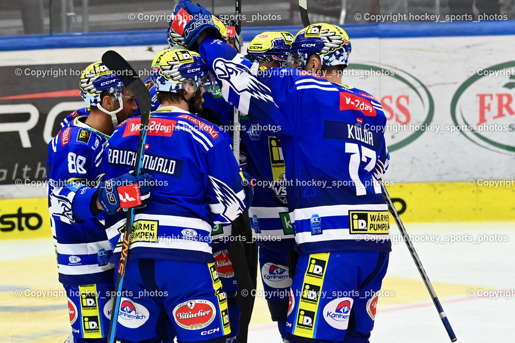 EC IDM Wärmepumpen VSV vs. HC Bozen 19.9.2023 | #88 Anthony Luciani, #9 RAUCHENWALD Alexander, #17 Arturs Kulda, Jubel EC VSV Mannschaft, win2day icehockeyleague, EC IDM Wärmepumpen - HC Bozen  am 19.09.2023 in Villach (Stadhalle Villach), Austria, (Photo by Bernd Stefan)