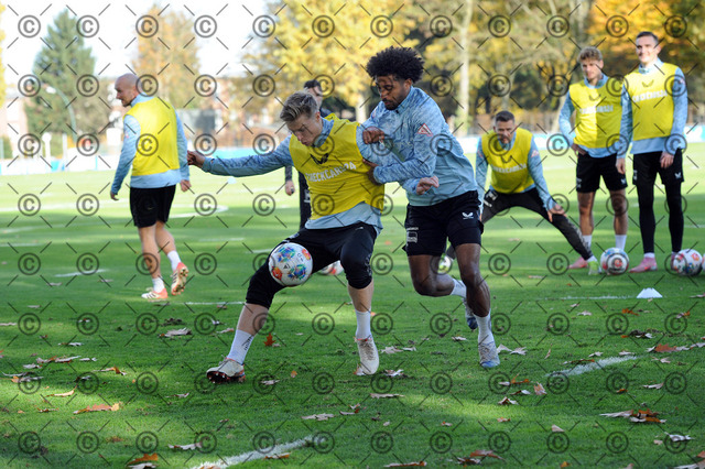 RGE_7890b | Hertha BSC, 2.Bundesliga, Herren, Saison 2025/26, Training, im Bild von li. Julian Eitschberger ( Hertha BSC ), Jeremy Dudziak ( Hertha BSC ),  Fotograf:  Ralf Gebhardt,  - Realisiert mit Pictrs.com