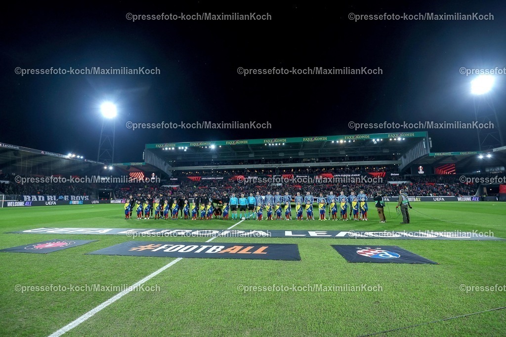 EL29012601001 | 29.01.2026, Fußball, UEFA Europa League, Matchday 8, FC Midtjylland - GNK Dinamo Zagreb, MCH Arena in Herning, Dänemark: Innenansicht Stafdion Spieleraufstellung Aufstellung Mannschaftsaufstellung  Regulations prohibit any use of photographs as image sequences and or quasi-video.