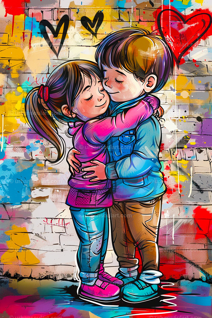 Little Kids Hugging Each Other | An adorable and vibrant illustration of two kids hugging with colorful hearts in the background. Perfect for family-friendly spaces or kids’ rooms. - Realisiert mit Pictrs.com