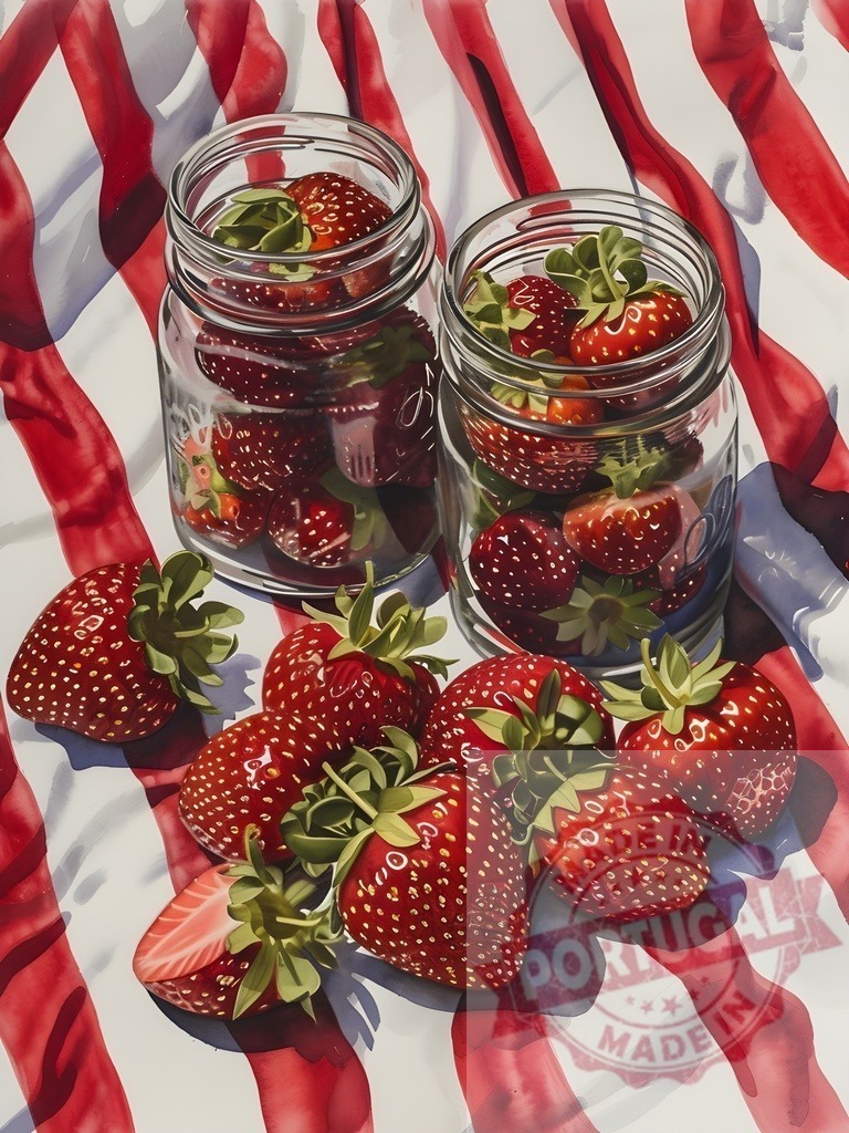 Fresh strawberries spilling from glass jars on american flag | Ripe strawberries are spilling from glass jars onto an American flag, celebrating summer and patriotism - Realized with Pictrs.com