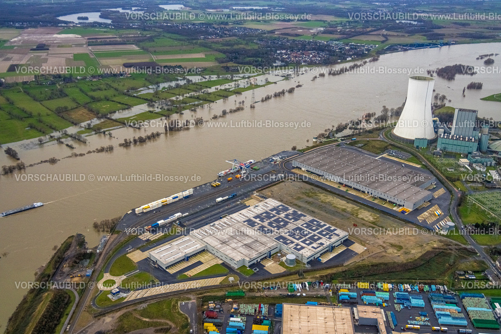 Duisburg231203544 | Luftbild vom Weihnachtshochwasser 2023 am Rhein, der Rhein tritt nach starken Regenfällen über die Ufer,  Alt-Walsum, Duisburg, Ruhrgebiet, Niederrhein, Nordrhein-Westfalen, Deutschland