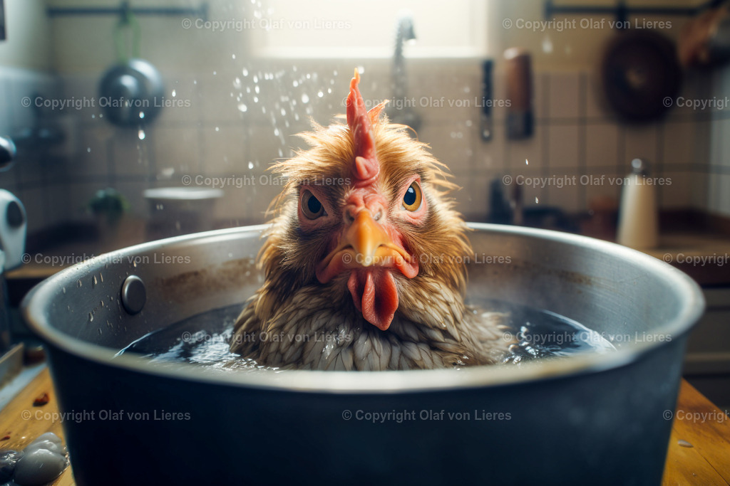gekochtes Huhn | Huhn sitzt im Topf mit Wasser