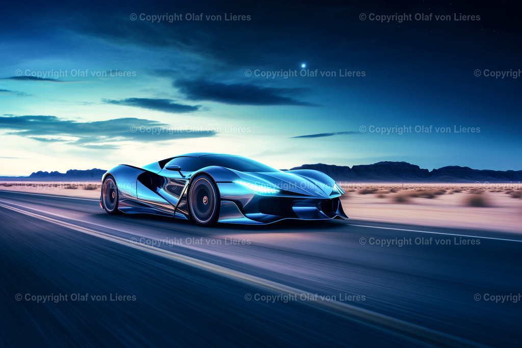 Supercar auf Landstrasse als Wandbild | Sportwagen blau schnell