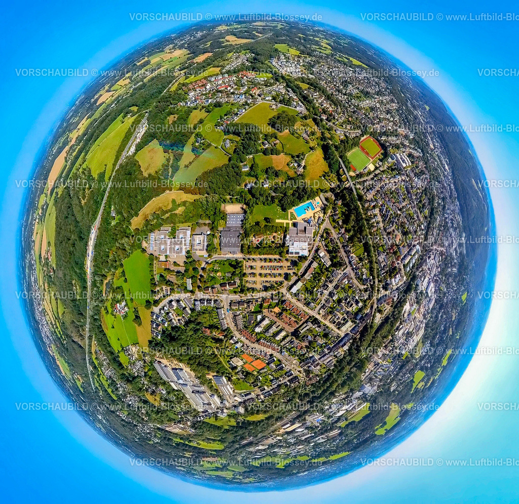 Gevelsberg240890825SchwimmIn_Hauptschule_Gymnasium | Luftbild, Hauptschule und Gymnasium Gevelsberg, Schwimm in Gevelsberg mit Freibad, Erdkugel, Fisheye Aufnahme, Fischaugen Aufnahme, 360 Grad Aufnahme, tiny world, little planet, fisheye Bild, Sauerbruch, Gevelsberg, Ruhrgebiet, Nordrhein-Westfalen, Deutschland