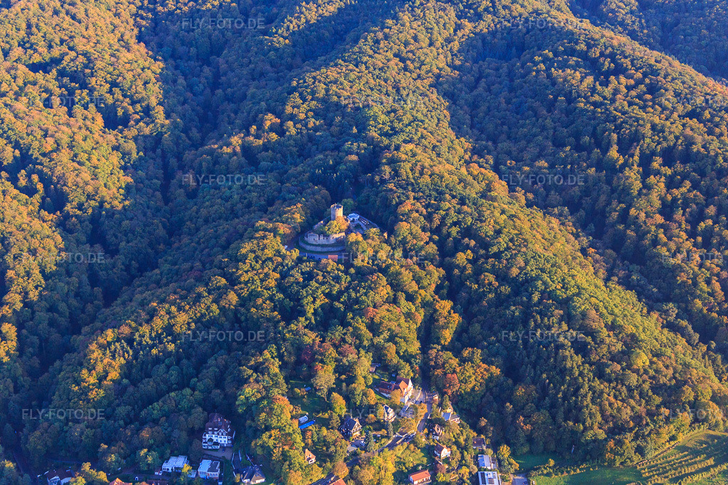 Luftbild: Schloss Alsbach über der Stadt am Rand des Odenwald von Westen im Ortsteil Alsbach in Alsbach-Hähnlein im Bundesland Hessen in Deutschland. Foto: IMG_075070.jpg vom 18.10.2014 durch Werner Riehm/FLY-FOTO.deWWW.SCHLOSS-ALSBACH.ORG
