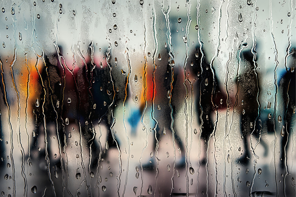 2407057 - Verregneter Blick | Blick durch ein Fenster voller Regentropfen auf schemenhafte Menschen im Stil einer Fotografie.Bestellen Sie dieses Motiv als hochwertigen Kunstdruck z.B. auf Leinwand oder hinter Acrylglas. Für Preise, Größen- und Materialauswahl klicken Sie bitte auf "Bestellen.