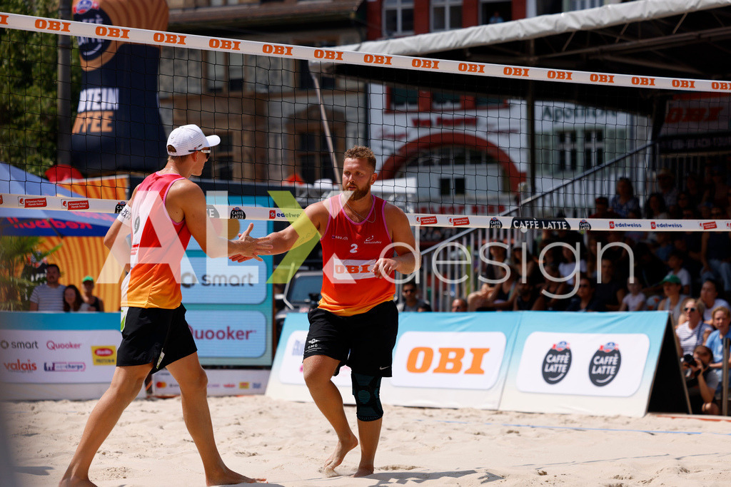 Obi BeachTour 2026 - Basel | BASEL, SWITZERLAND - JULY 19: LAURENZ LEITNER (AUT) and MORITZ KINDL (AUT) during the Obi BeachTour 2026 match between LEITNER / KINDL (AUT) and BREER / KÄLIN (SUI) at Barfüsserplatz on July 19, 2026 in Basel, Switzerland. - Realisiert mit Pictrs.com