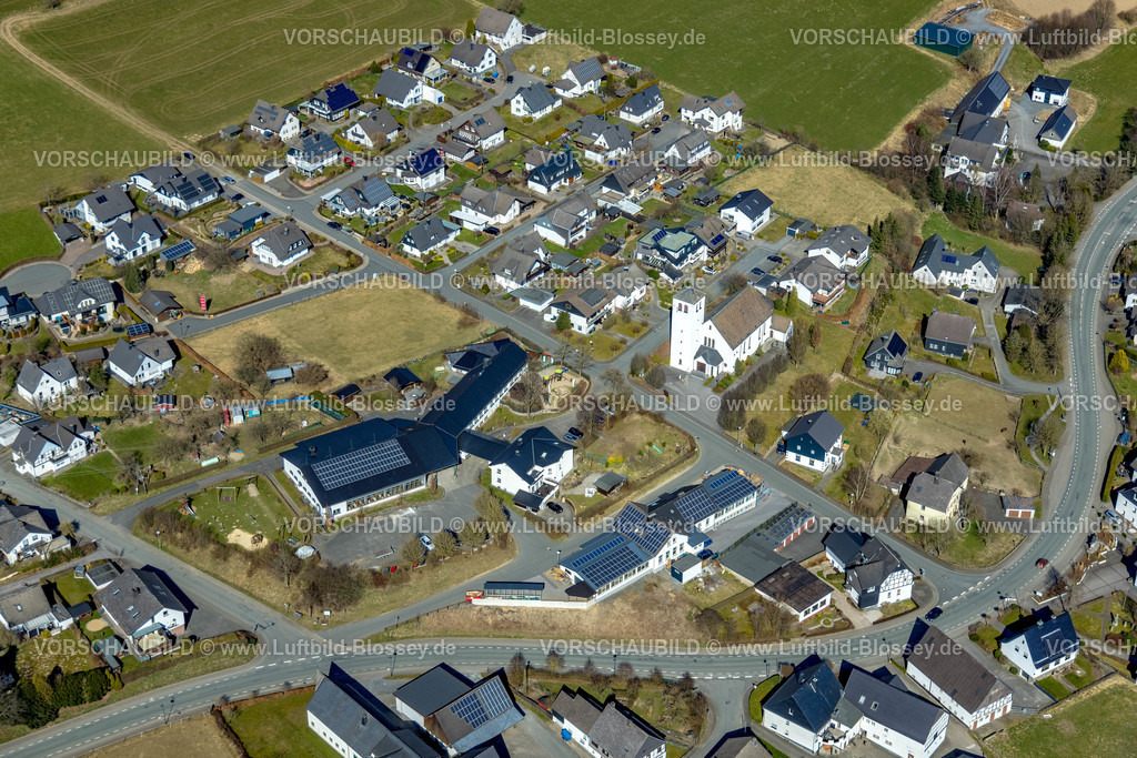 Eslohe220304013 | Luftbild, Ortsansicht Niedersalwey mit St. Sebastian Kirche und Schützenhalle, Niedersalwey, Eslohe, Sauerland, Nordrhein-Westfalen, Deutschland
