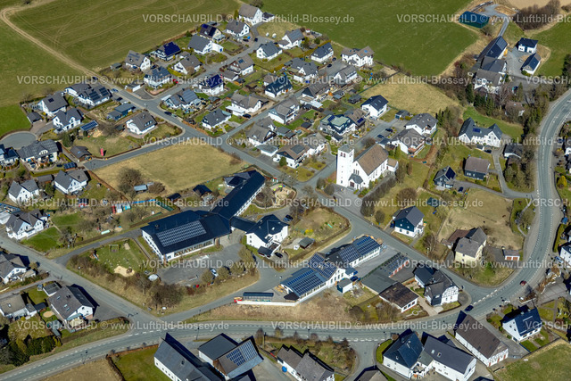 Eslohe220304013 | Luftbild, Ortsansicht Niedersalwey mit St. Sebastian Kirche und Schützenhalle, Niedersalwey, Eslohe, Sauerland, Nordrhein-Westfalen, Deutschland