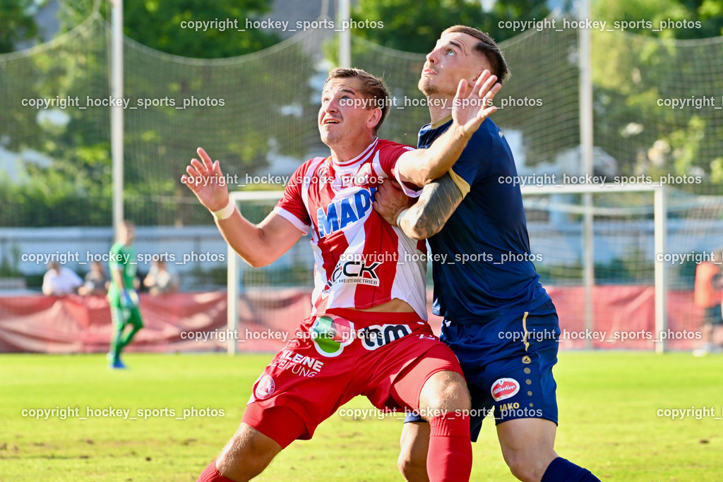ATUS Velden vs. GAK | #27 Benjamin Rosenberger GAK, #9 Tom Zurga ATUS Velden, ATUS Velden vs. GAK, ATUS Velden vs. GAK am 26.07.2024 in Villach (Stadion Lind), Austria, (Photo by Bernd Stefan)