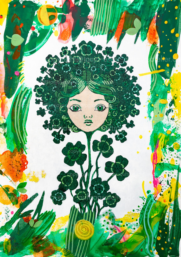 Acryl Malerei Mädchen mit lockigem Klee als Haar D | Ein Acryl Portrait eines Mädchens mit lockigem Klee als Haar. Sie ist umgeben von einem bunten, abstrakten Hintergrund. Dieses handgemalte Bild steht für grünes Glück. Zahlreiche vierblättrige Kleeblätter.