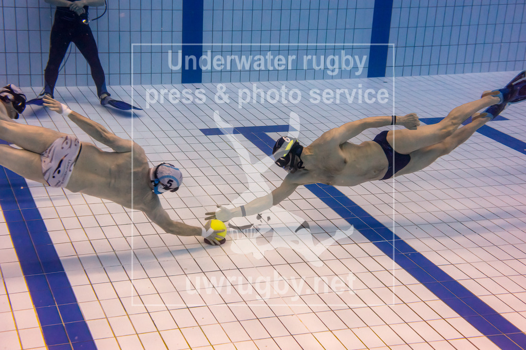 Unterwasser-Rugby 5. Spieltag 1. Bundesliga Süd (Saison 2023/24) | Spiel TSV Malsch in weiß gegen Tauchclub Bamberg in blau. Anschwimmen zum Spielstart zwischen den zwei Spitzenteams. Der Rekordmeister Bamberg war von 2007 bis 2018 durchgehend Deutscher Meister, Malsch konnte Bamberg 2019 ablösen,  und wurde mittlerweile zwei Mal Deutscher Meister. - Realisiert mit Pictrs.com