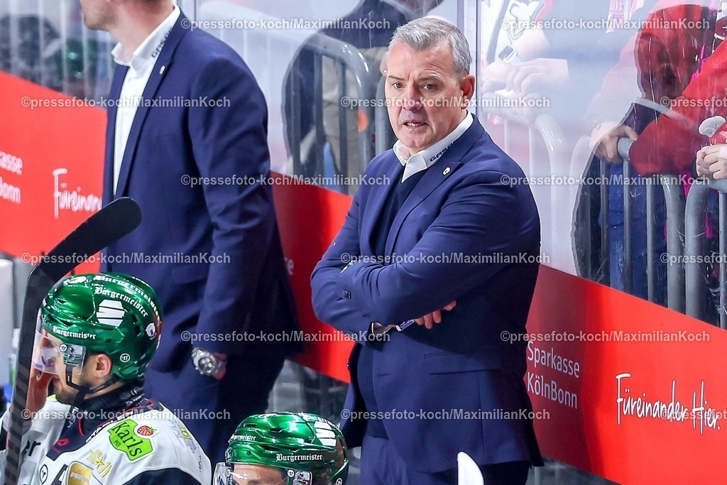 KEC20042601092 | 20.04.2026, Eishockey, DEL Halbfinale Play-Offs, Kölner Haie - Eisbären Berlin, Spiel 6, Lanxess-Arena Köln: Cheftrainer Serge Aubin (Eisbären Berlin #hc) gestikulierend am Spielfeldrand 