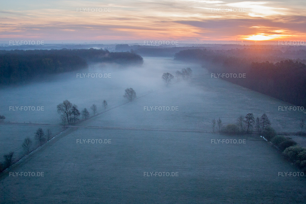 Luftbild: Morgennebel beim Sonnenaufgang über Grasflächen- Strukturen einer Feld- und Wiesen- Landschaft Otterbachtal in Minfeld im Bundesland Rheinland-Pfalz in Deutschland. Foto: IMG_62985.jpg vom 20.03.2014 durch Werner Riehm/FLY-FOTO.de