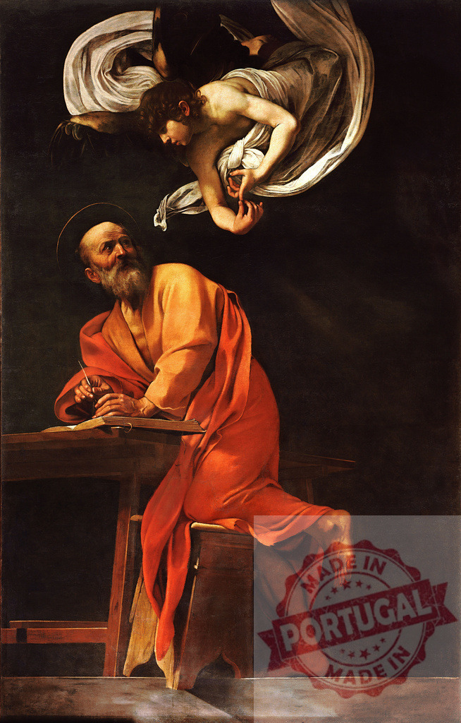 Art by Carravagio Saint Matthew receiving divine inspiration from an angel | Saint Matthew, a biblical figure, writing while an angel inspires him - Realisiert mit Pictrs.com