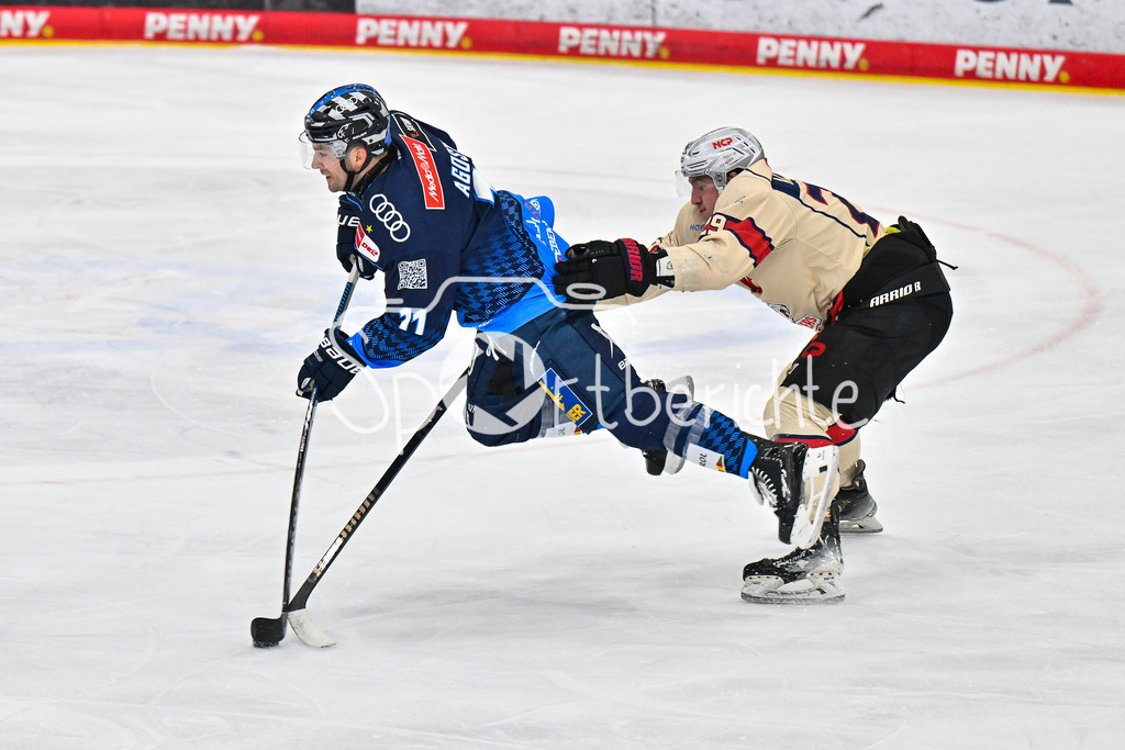 ERC Ingolstadt - Nuernberg Ice Tigers | im Duell Kenny AGOSTINO (ERC Ingolstadt 11) und Eugen ALANOV (Nuernberg Ice Tigers 29) / Zweikampf / DEL: ERC Ingolstadt - Nuernberg Ice Tigers, Saturn Arena am 21.03.2025