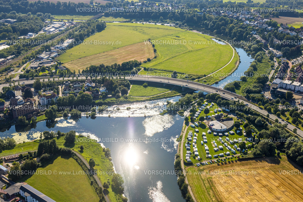 Hattingen240810575 | Luftbild, Ruhrbrücke Bochumer Straße, Campingplatz Ruhrbrücke und Wehr, Ruhr-Wehr mit Bootsgasse und Fischtreppe, Baak, Hattingen, Ruhrgebiet, Nordrhein-Westfalen, Deutschland