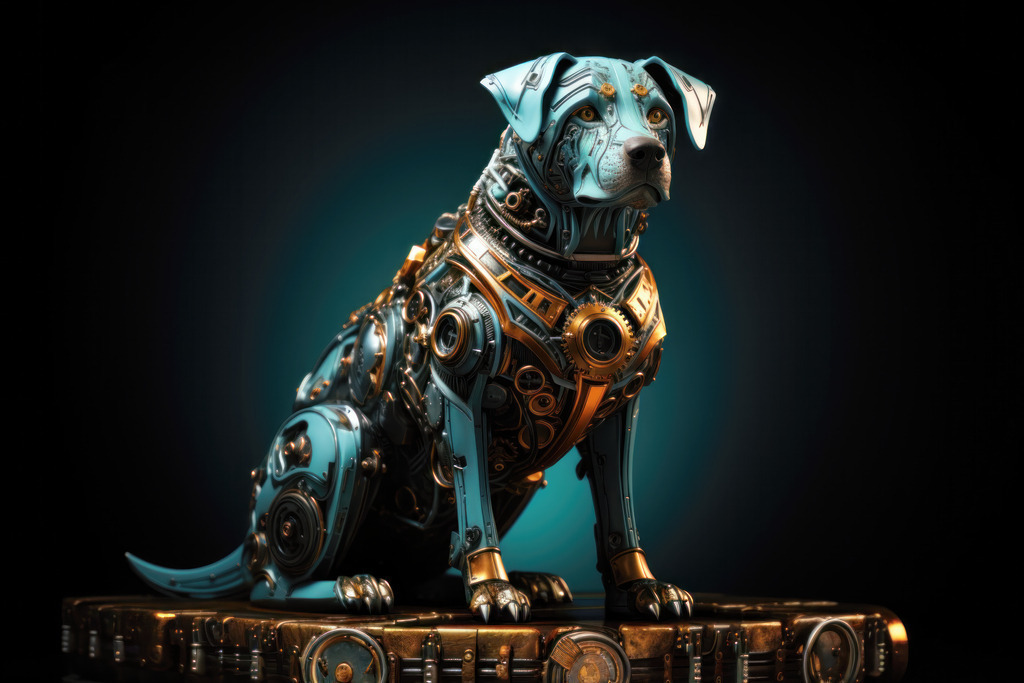 2308028 - Steampunk Cyborg Hund | Bestellen Sie dieses digitale Motiv eins Cyborg-Hundes im Steampunk-Look als hochwertigen Kunstdruck auf Leinwand, Acrylglas, Alu-Dibond oder als Poster. 