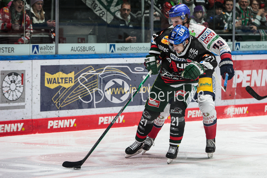 Augsburger Panther - Eisbaeren Berlin | David STIELER (AEV #21) im Duell mit Lewis ZERTER-GOSSAGE (EBB #79)