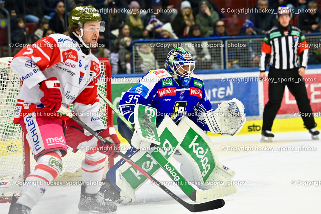 EC IDM Wärmepumpen VSV vs. HCB Südtirol Alperia | #24 Cole Schneider HCB Südtirol Alperia, #35 Joe Cannata EC VSV, EC IDM Wärmepumpen VSV vs. HCB Südtirol Alperia, EC IDM Wärmepumpen VSV vs. HCB Südtirol Alperia am 28.12.2025 in Villach (Stadthalle Villach), Austria, (Photo by Bernd Stefan)