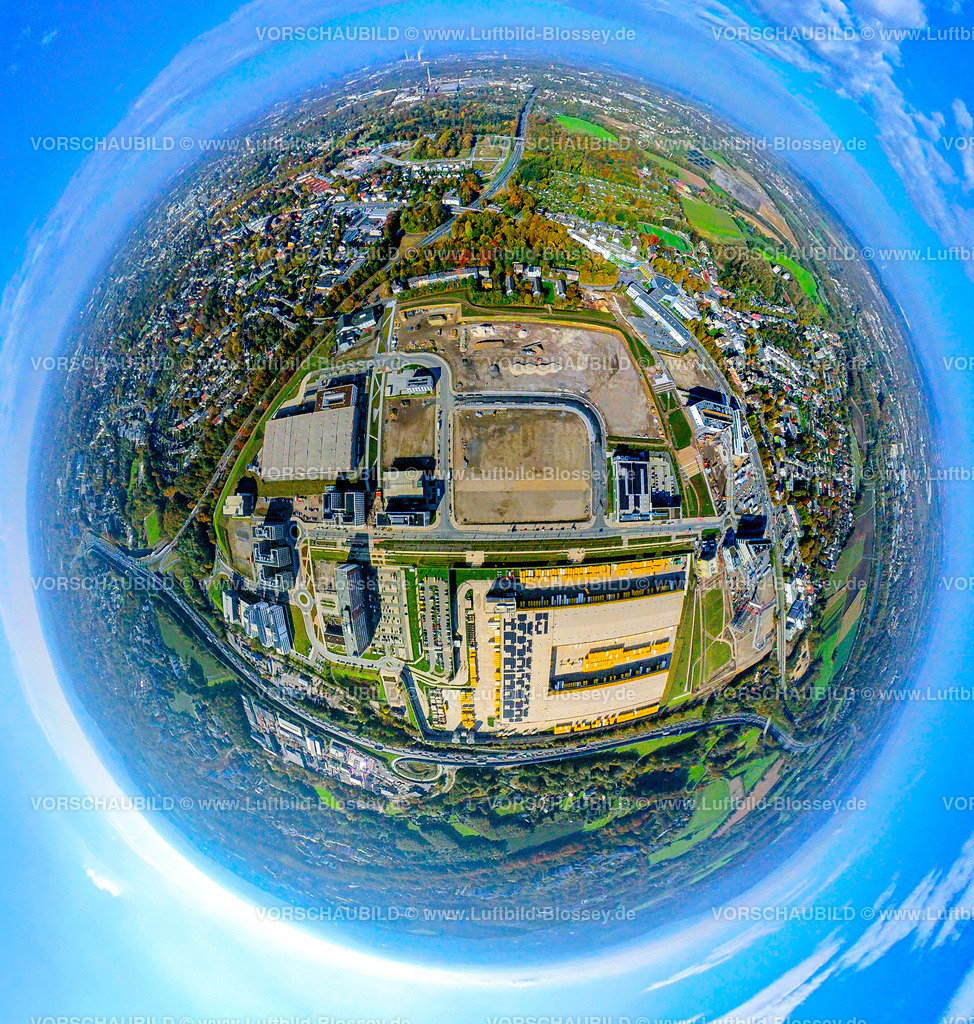 Bochum241090430OPEL-2 | Luftbild, Großbaustelle Mark 51/7, O-Werk Campus und Neubau Wissenschafts- und Technologiequartier, ehemaliges Opel Areal an der Autobahn A448, Erdkugel, Fisheye Aufnahme, Fischaugen Aufnahme, 360 Grad Aufnahme, tiny world, little planet, fisheye Bild, Laer, Bochum, Ruhrgebiet, Nordrhein-Westfalen, Deutschland
