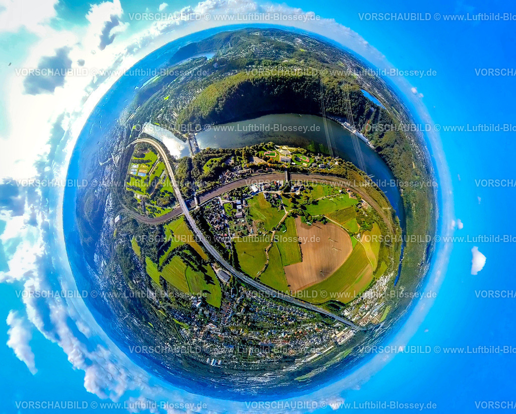 Hagen241090066BeachSideHengsteysee | Luftbild, Hengsteysee und Strandhaus Salitos Beach Hengsteysee, Freibad Südufer, Deutsche Bahn AG Bahnlinie Hagen und Autobahn A1, Ardeygebierge Waldgebiet und RWE Koepchenwerk, Erdkugel, Fisheye Aufnahme, Fischaugen Aufnahme, 360 Grad Aufnahme, tiny world, little planet, fisheye Bild, Boele, Hagen, Ruhrgebiet, Nordrhein-Westfalen, Deutschland