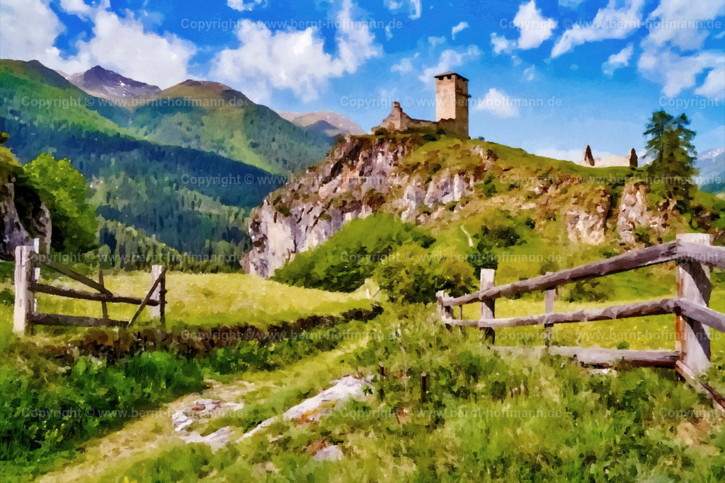PAD2_RH_Ardez_Steinsberg-Schloss_180x120 | DIGITALKUNST. Steinsberg Schloss-Ruine in Ardez. __ Das Basisfoto für dieses malerisch verwandelte Werk hat der Schweizer Hobbyfotograf Rene Hinder gemacht und es Bernt Hoffmann für dessen Kunstpart zur Verfügung gestellt. __ Seitenverhältnis = 3 zu 2 - Realisiert mit Pictrs.com